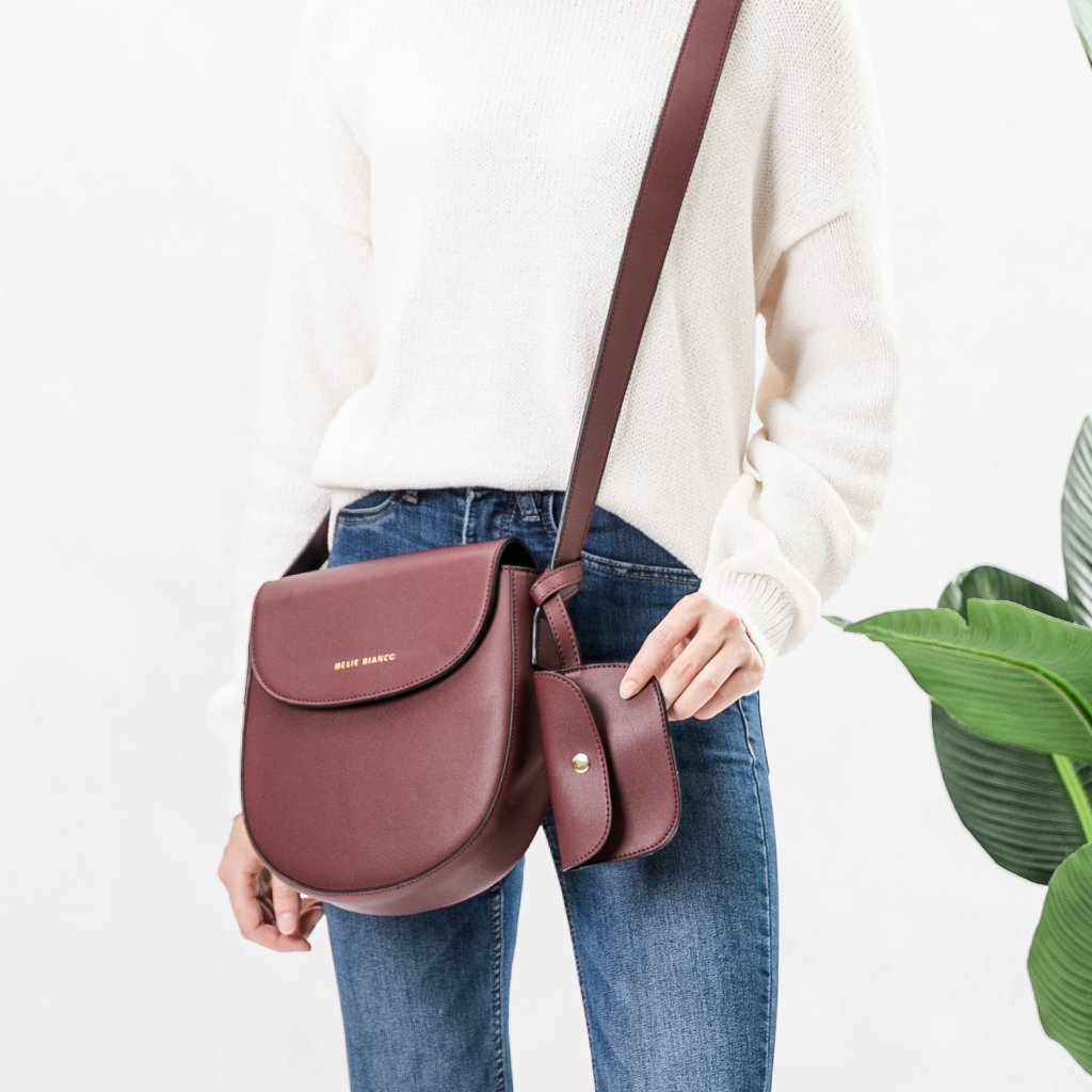 Solid Arch Sling Crossbody Bag For Women Stylish Burgundy Vegan